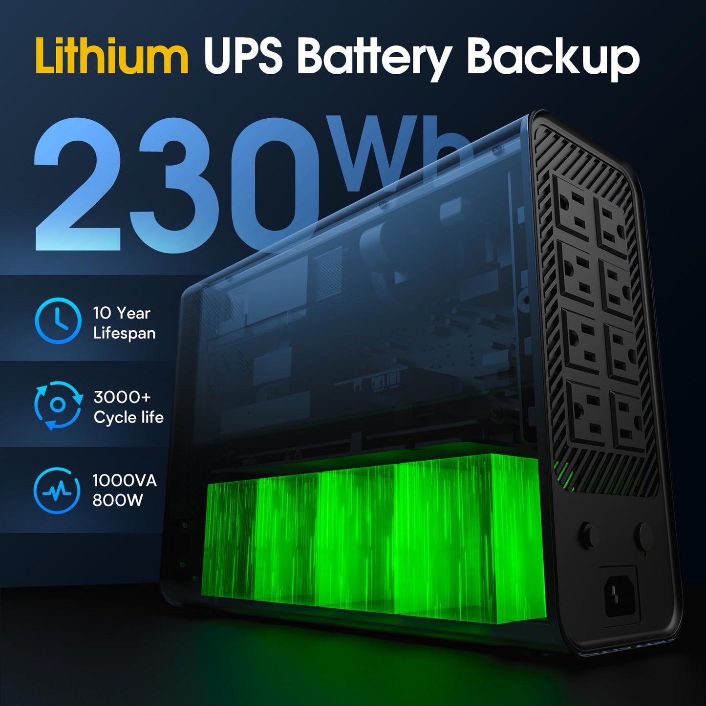GOLDENMATE 1000VA/800W Lithium UPS Battery Backup and Surge Protector, Backup Battery Power Supply with LiFePO4 Batteries(230.4 Wh), Sinewave UPS System, 10 Years Lifespan, 8 Outlets, LCD Display